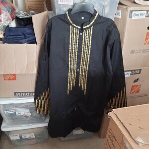 NEW ! Man Gold Embroidery Formal Wear Extra Long Dress Black Size M